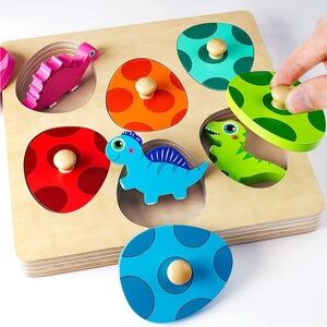 Multi-Layer Wooden Peg Dinosaur Puzzle - Colorful Educational Toy